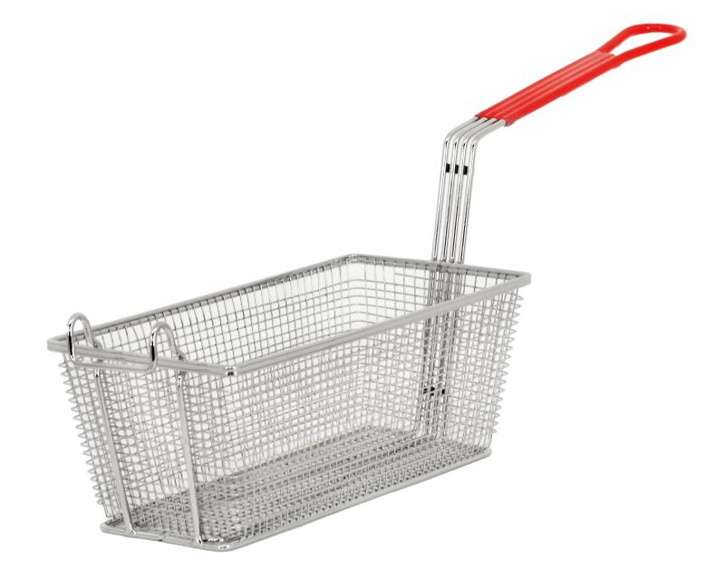 12 7/8" x 6 1/2" x 5 3/8" Nickel-Plated Iron Fryer Basket with Red Handle